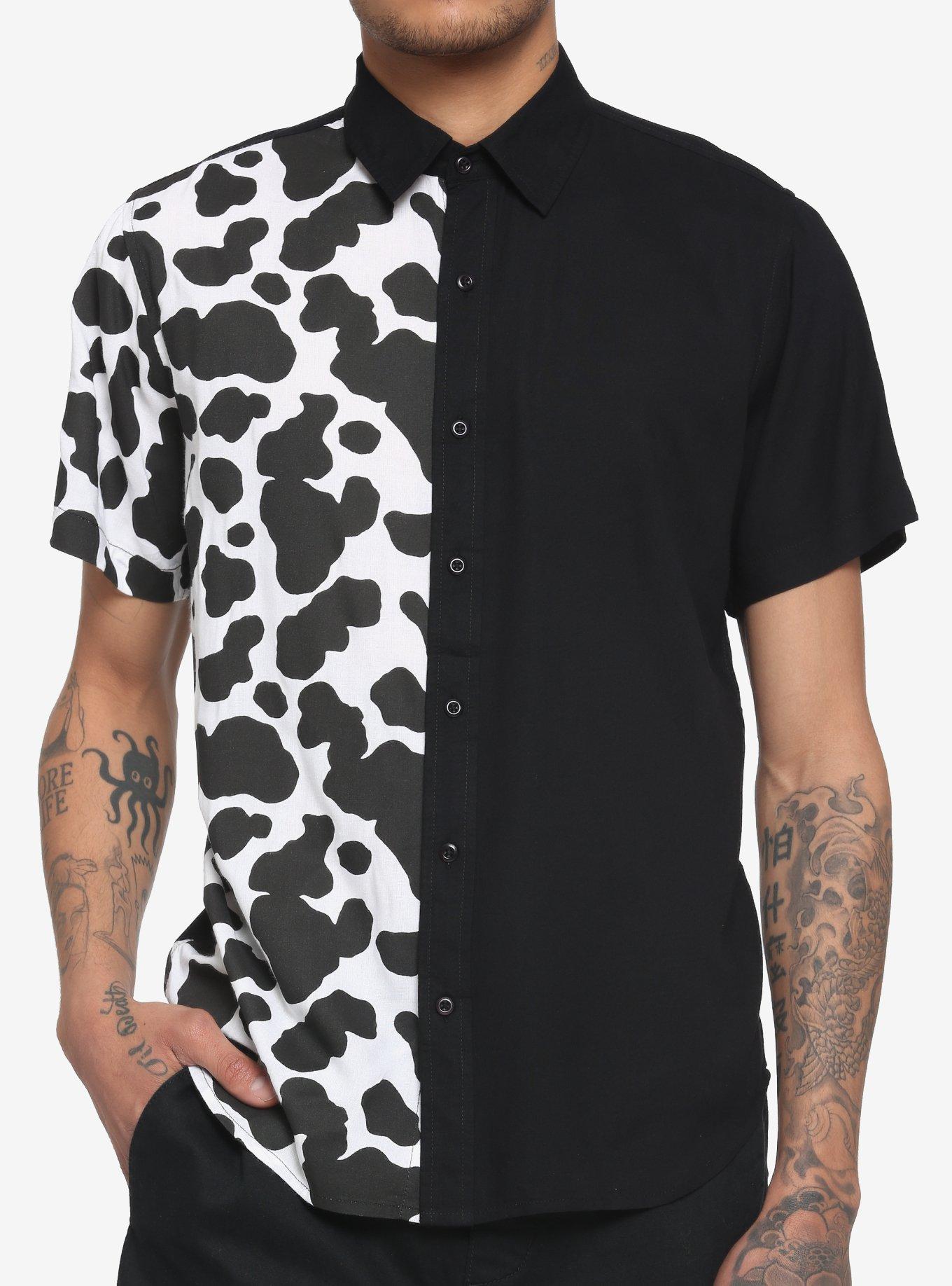 Cow Print Split Woven Button-Up, BLACK  WHITE, hi-res