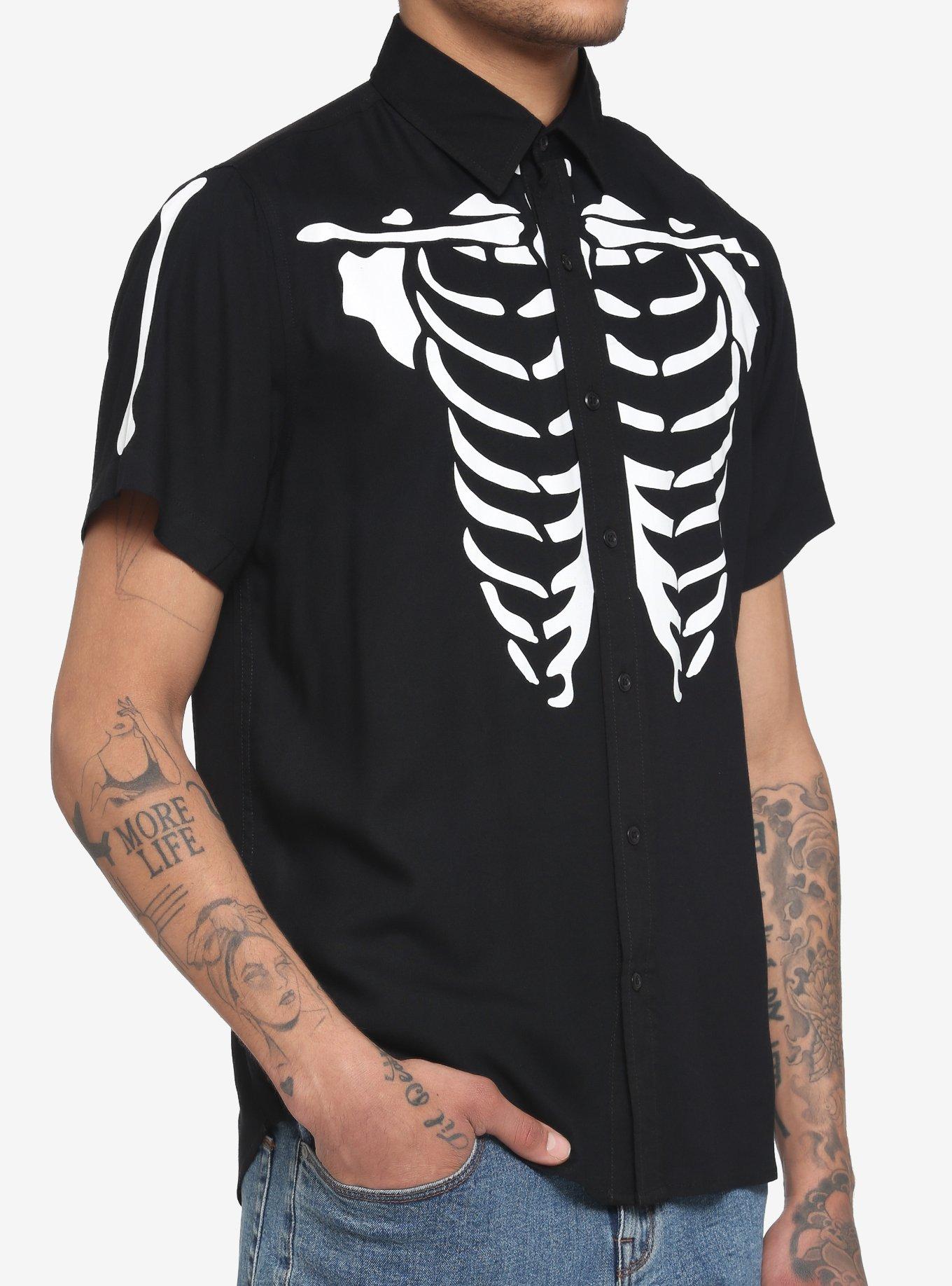 Skeleton Rib Cage Woven Button-Up, BLACK  WHITE, hi-res