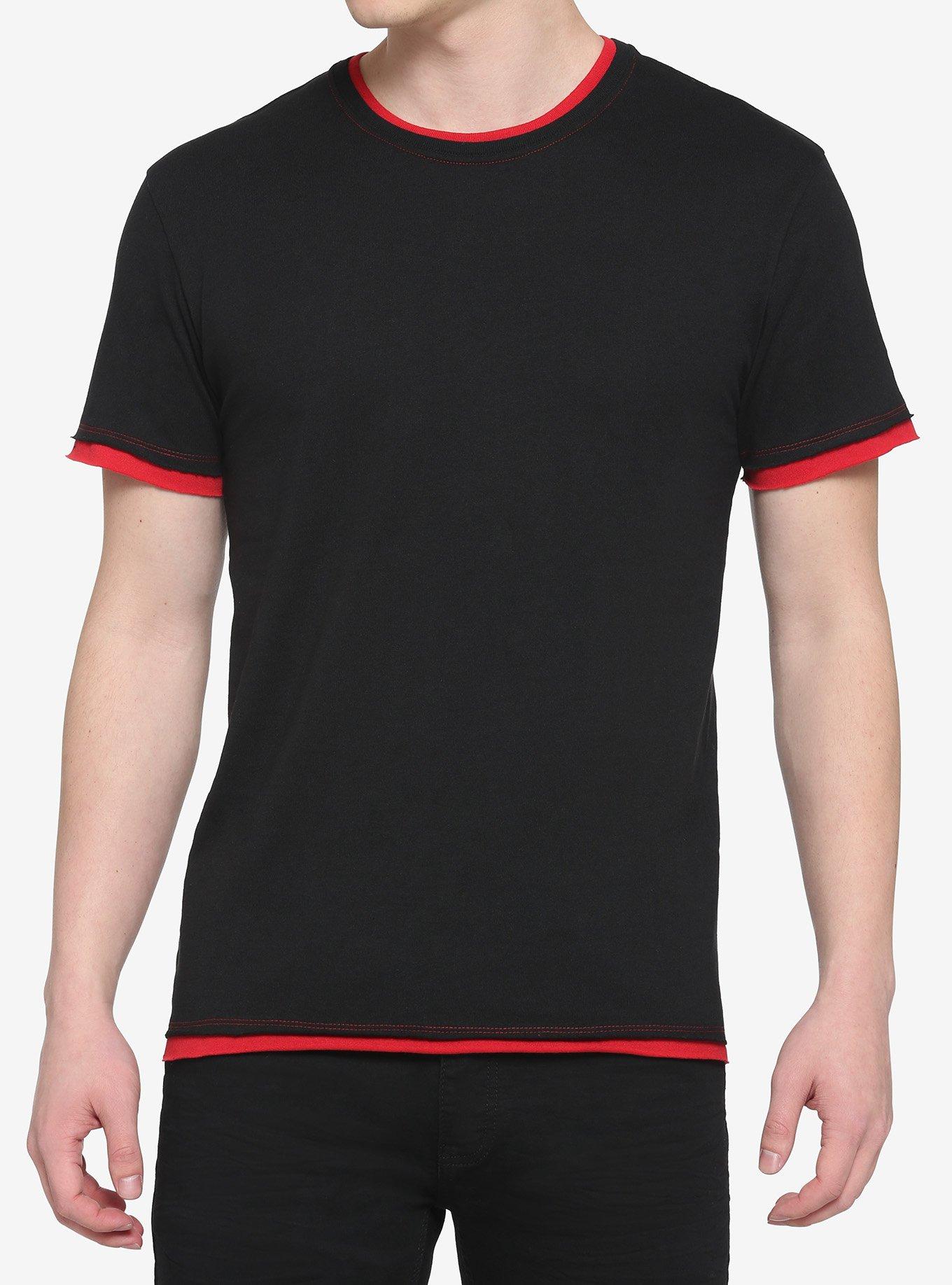 Black & Red Contrast Stitch T-Shirt, BLACK  RED, hi-res