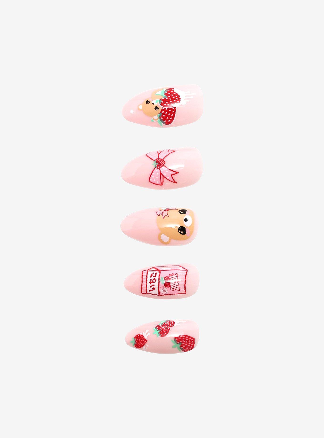 Strawberry Milk Teddy Bear Faux Nail Set | Hot Topic