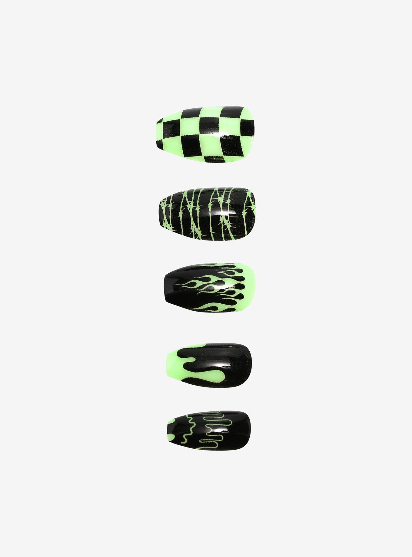 Black & Neon Green Faux Nail Set, , hi-res