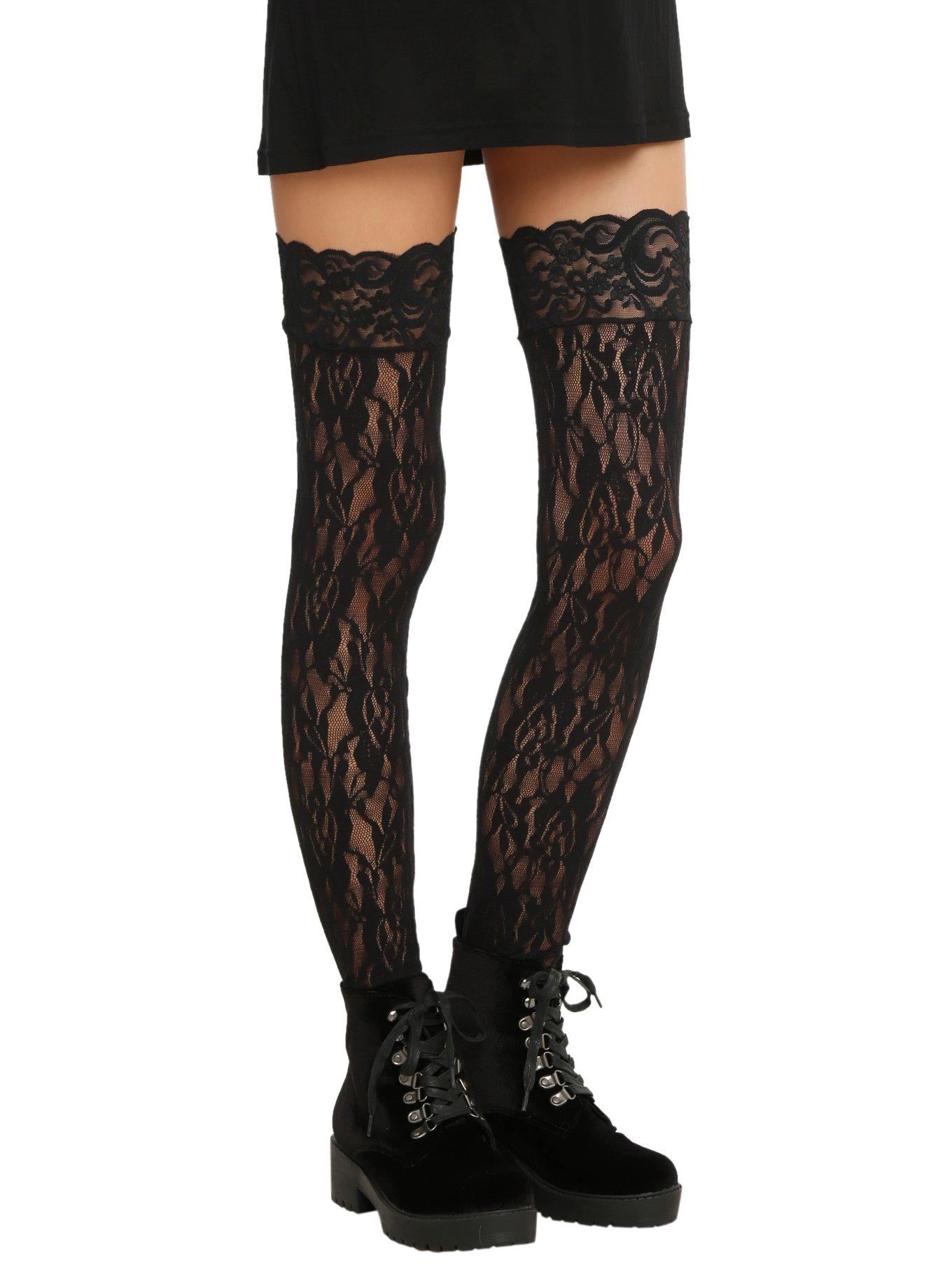 Black Lace On Lace Thigh Highs, BLACK, hi-res