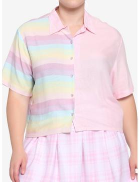 Pastel Stripe Split Boxy Girls Crop Woven Button-Up Plus Size, , hi-res