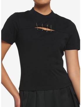 Black Cut-Out Safety Pin Girls T-Shirt, , hi-res