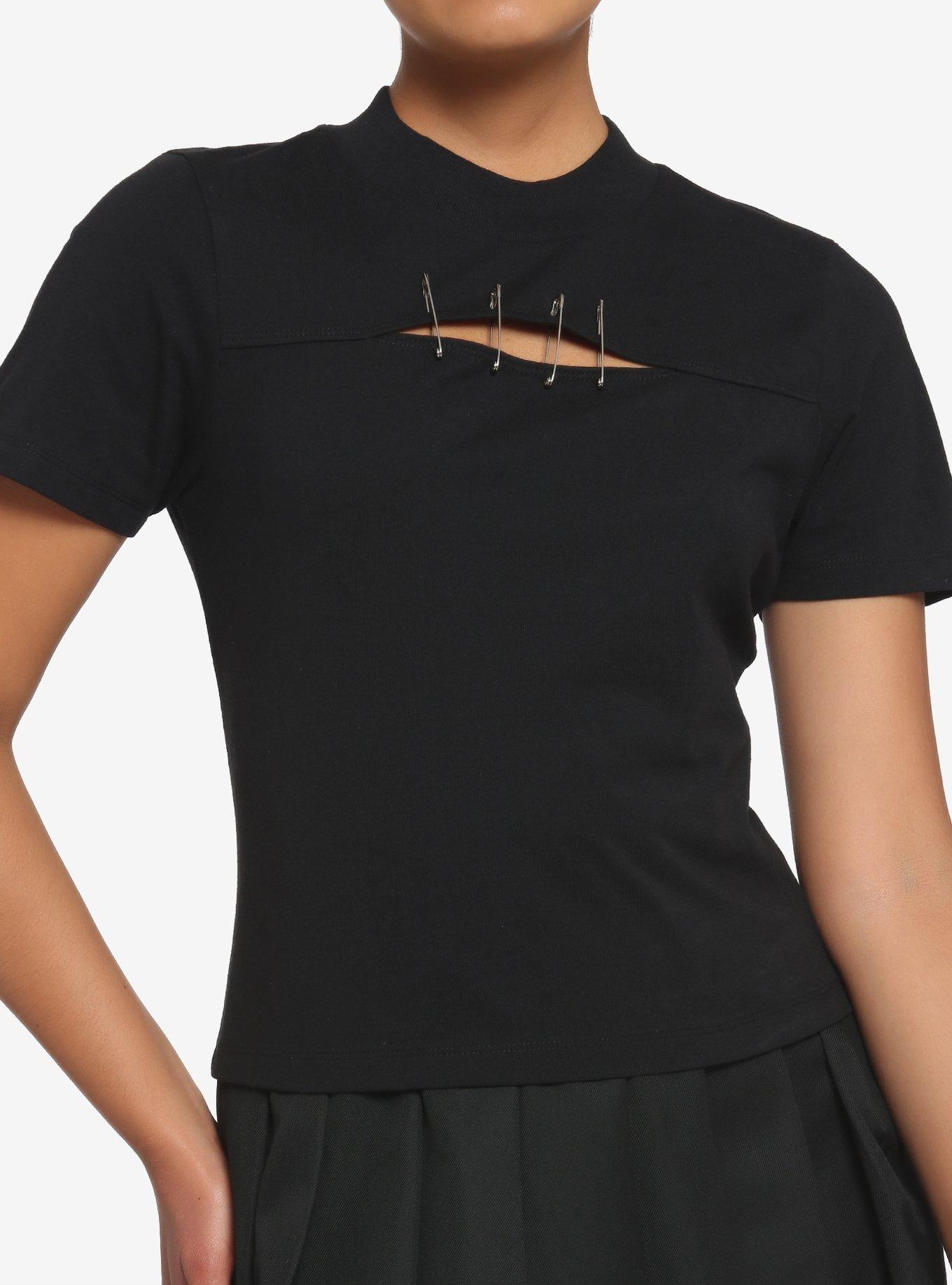 Black Cut-Out Safety Pin Girls T-Shirt, BLACK, hi-res