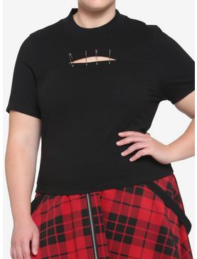 Black Cut-Out Safety Pin Girls T-Shirt Plus Size, , hi-res