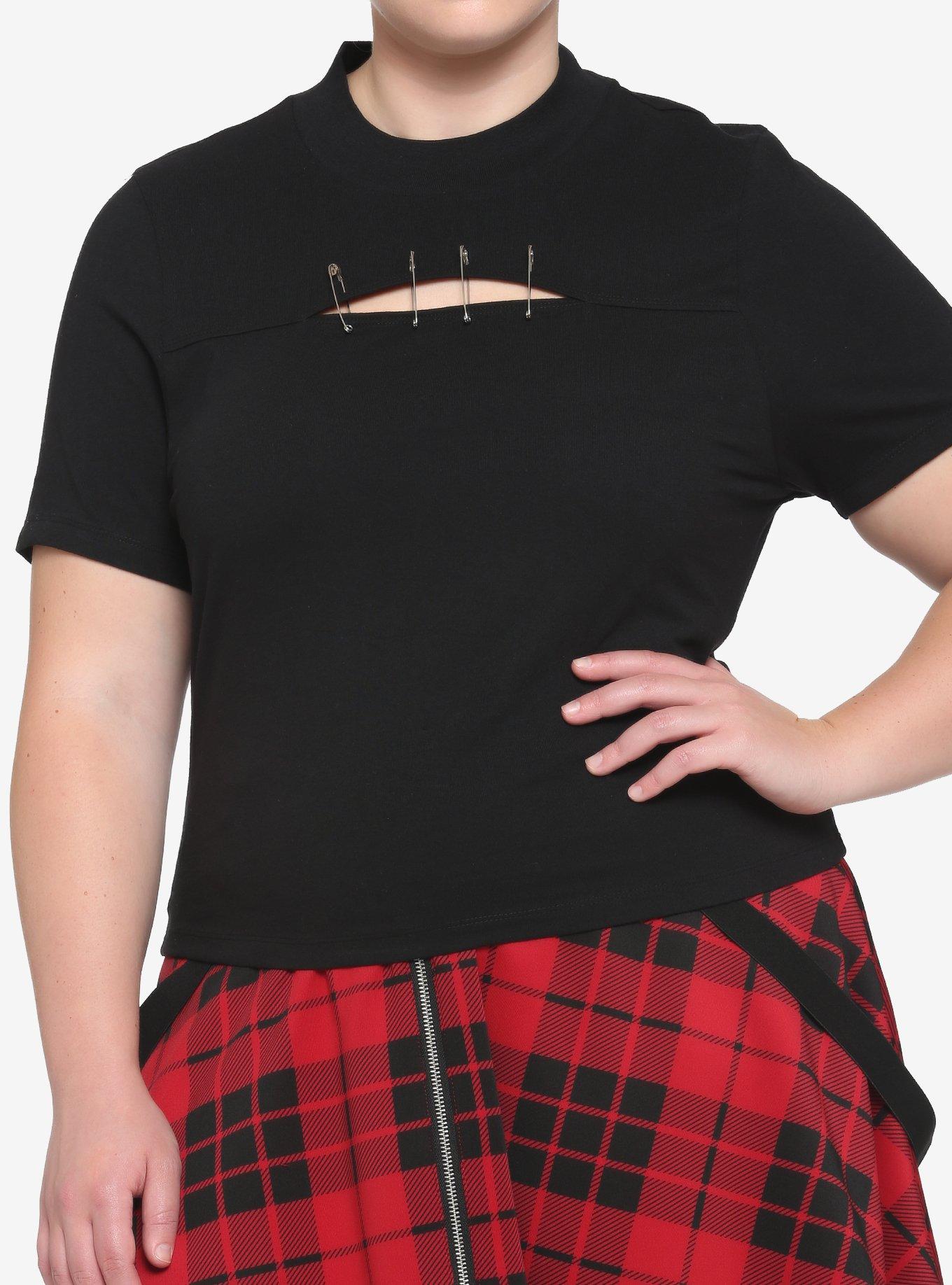 Black Cut-Out Safety Pin Girls T-Shirt Plus Size, BLACK, hi-res