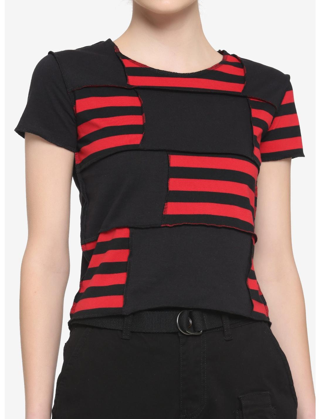 Black & Red Stripe Patchwork Girls Baby T-Shirt, STRIPES - RED, hi-res