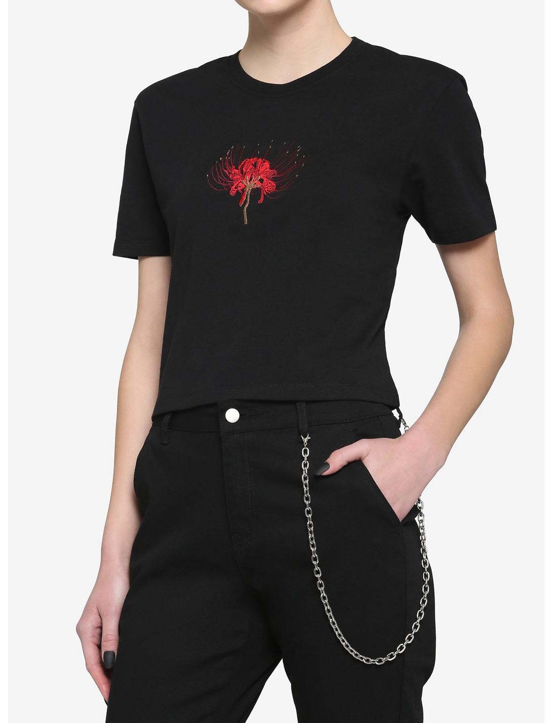 Spider Lily Embroidered Boxy Girls Crop T-Shirt, BLACK, hi-res