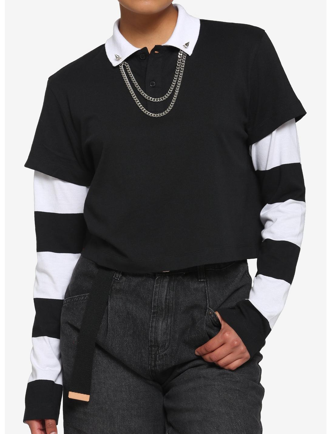 Chain Collar Stripe Twofer Long-Sleeve Girls Polo Shirt, STRIPES, hi-res