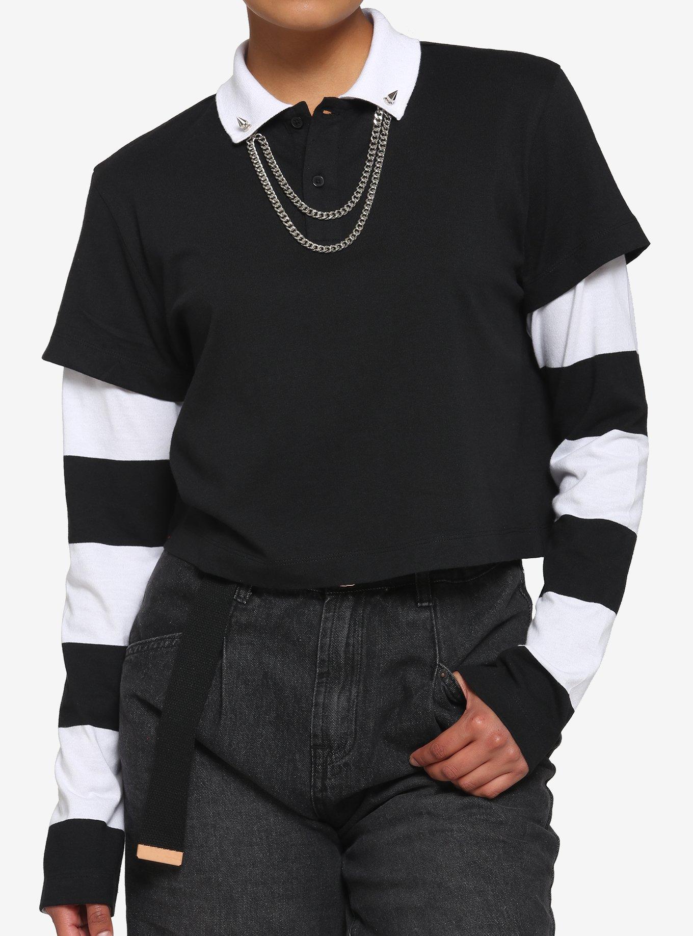 Black Stripe Collar Polo Long Sleeve Crop Top