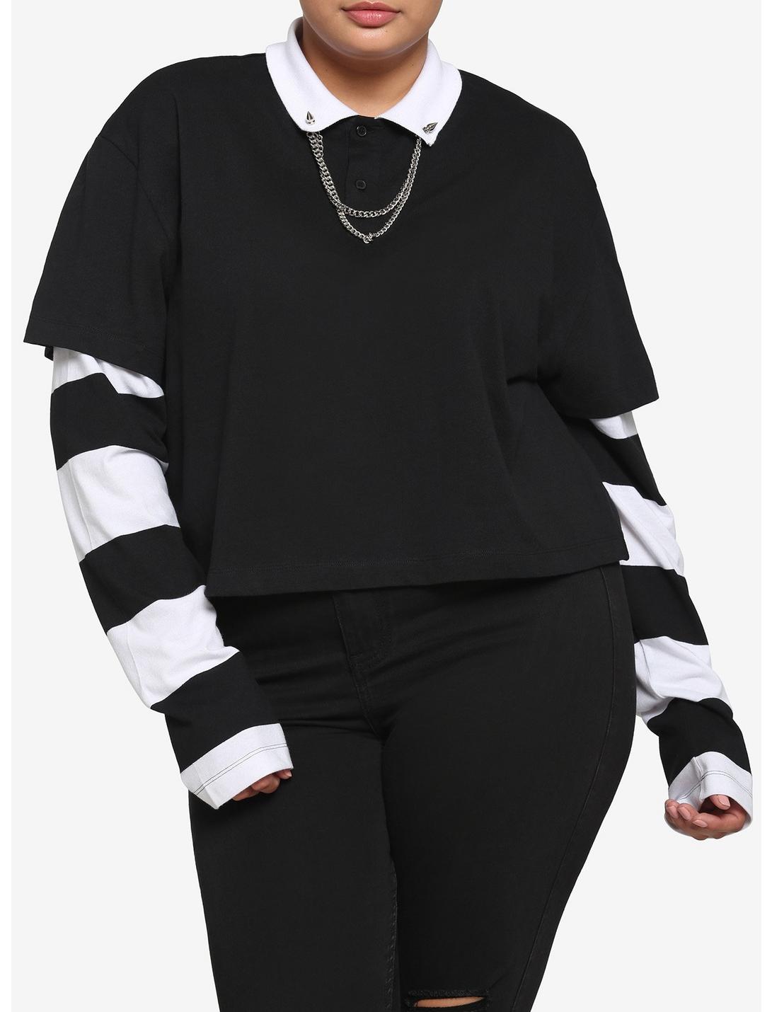 Chain Collar Stripe Twofer Long-Sleeve Girls Polo Shirt Plus Size, STRIPES, hi-res