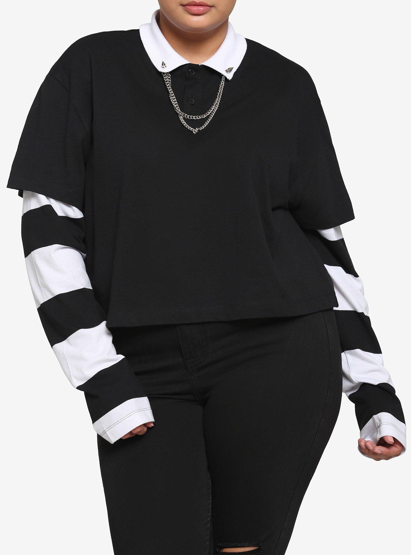 Chain Collar Stripe Twofer Long-Sleeve Girls Polo Shirt Plus