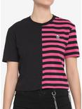 Black & Pink Stripe Split Boxy Girls Crop T-Shirt, STRIPES, hi-res