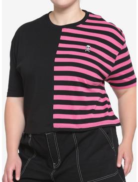 Black & Pink Stripe Split Girls Boxy Crop T-Shirt Plus Size, , hi-res
