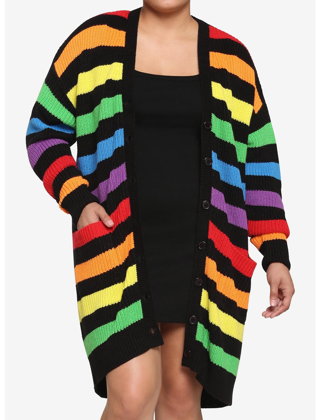 Rainbow Stripe Oversized Girls Cardigan Plus Size, STRIPES, hi-res