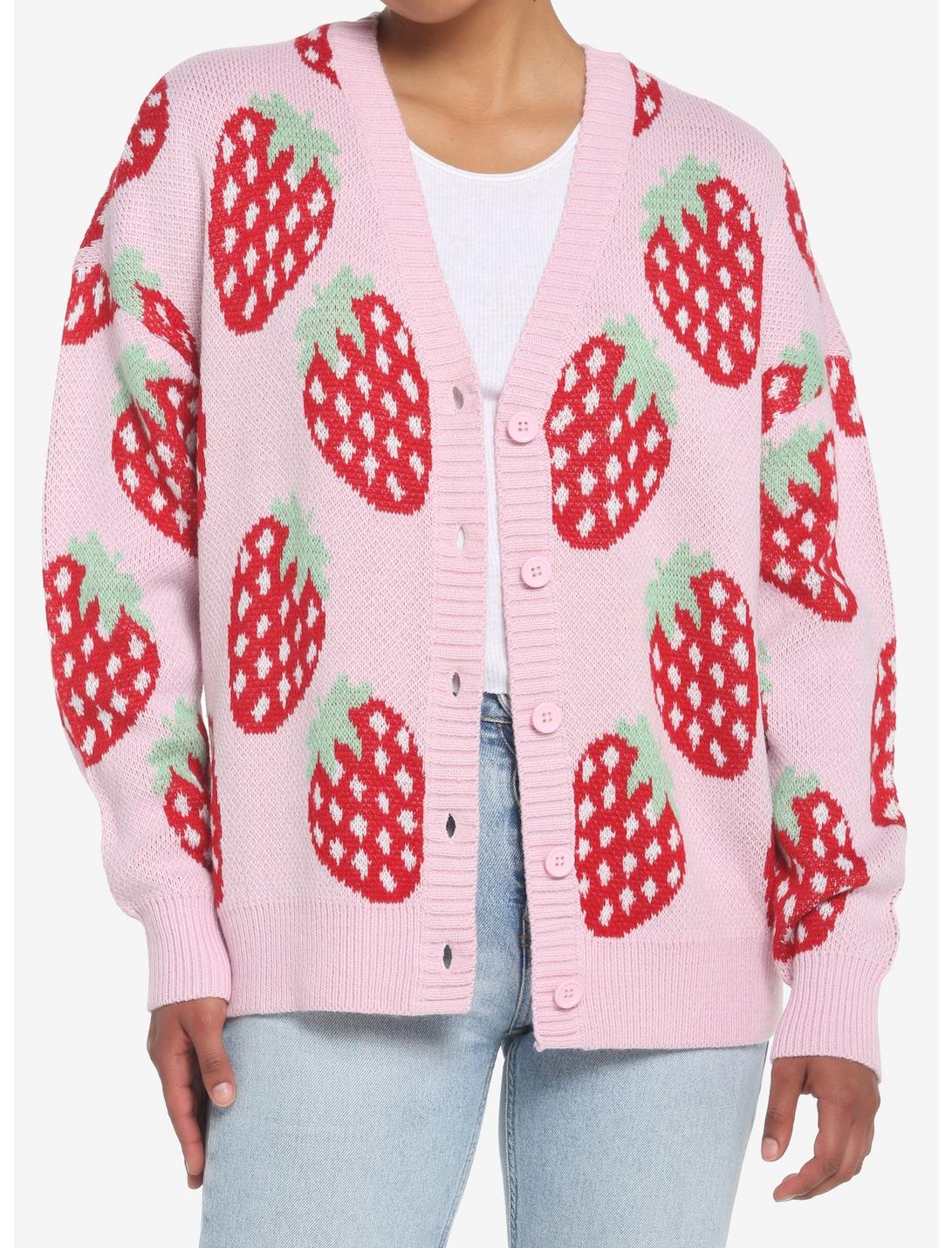 Pink Strawberry Button-Front Girls Cardigan, PINK, hi-res