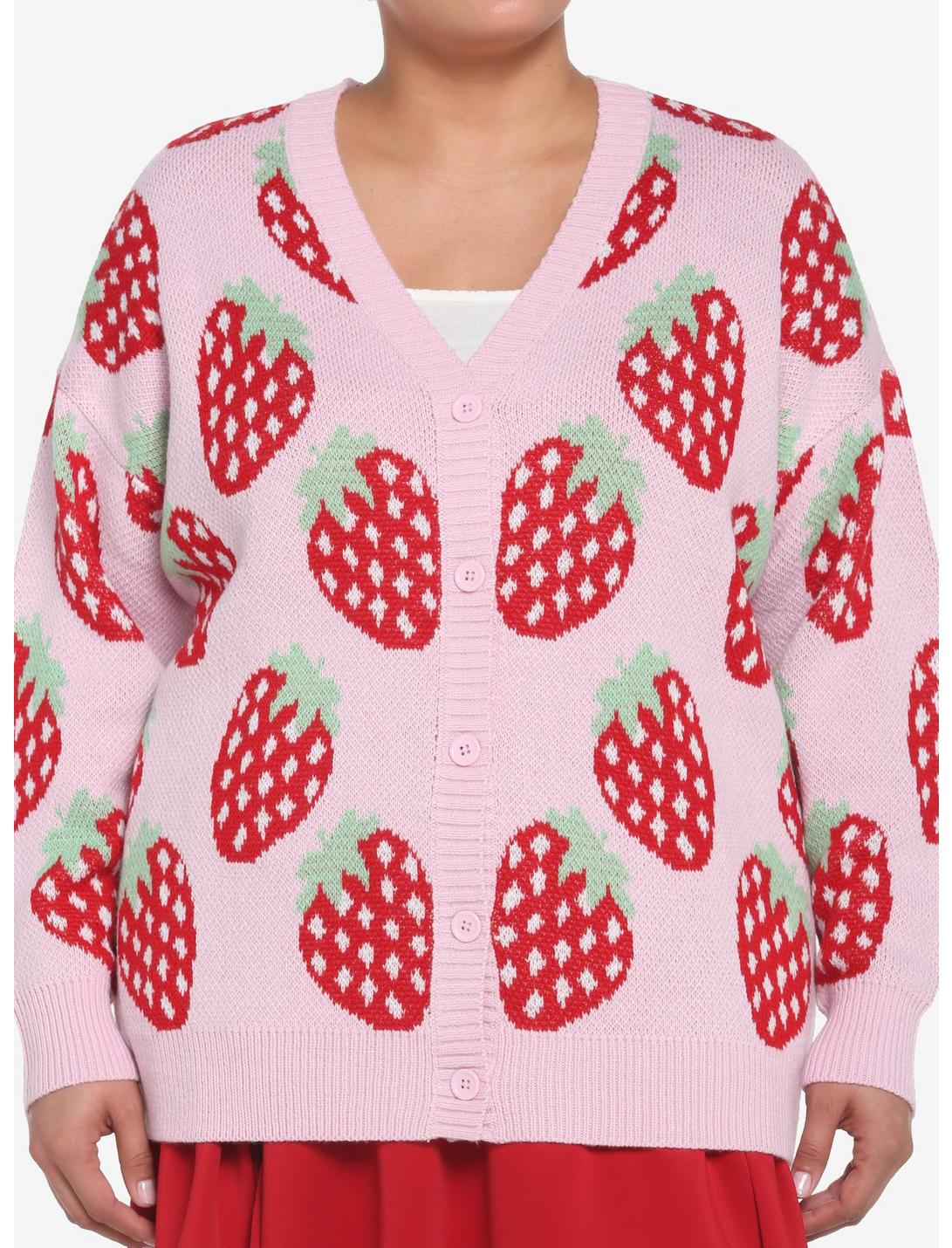 Pink Strawberry Button-Front Girls Cardigan Plus Size, PINK, hi-res