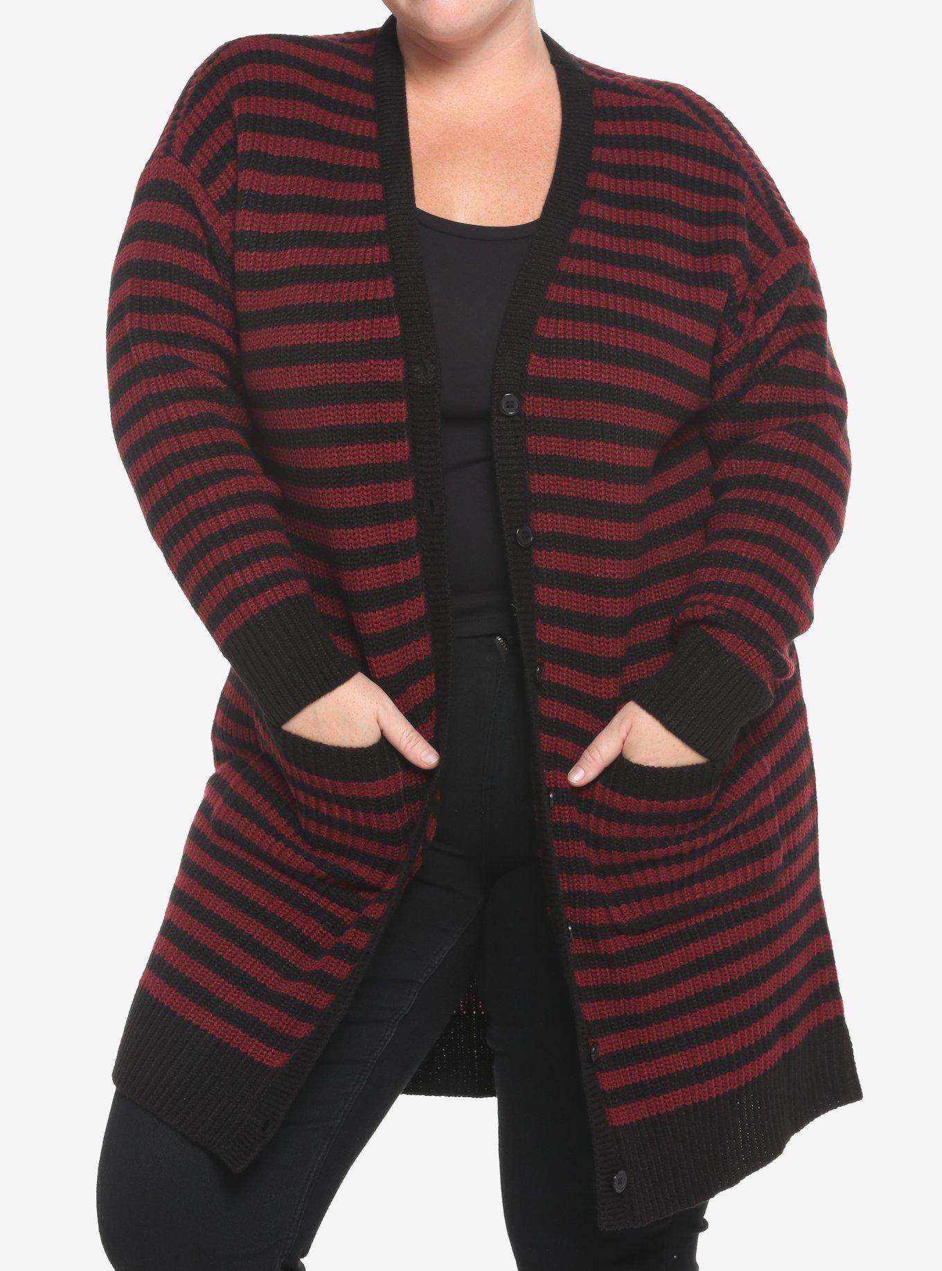 Black & Red Stripe Girls Cardigan Plus Size, STRIPES - RED, hi-res