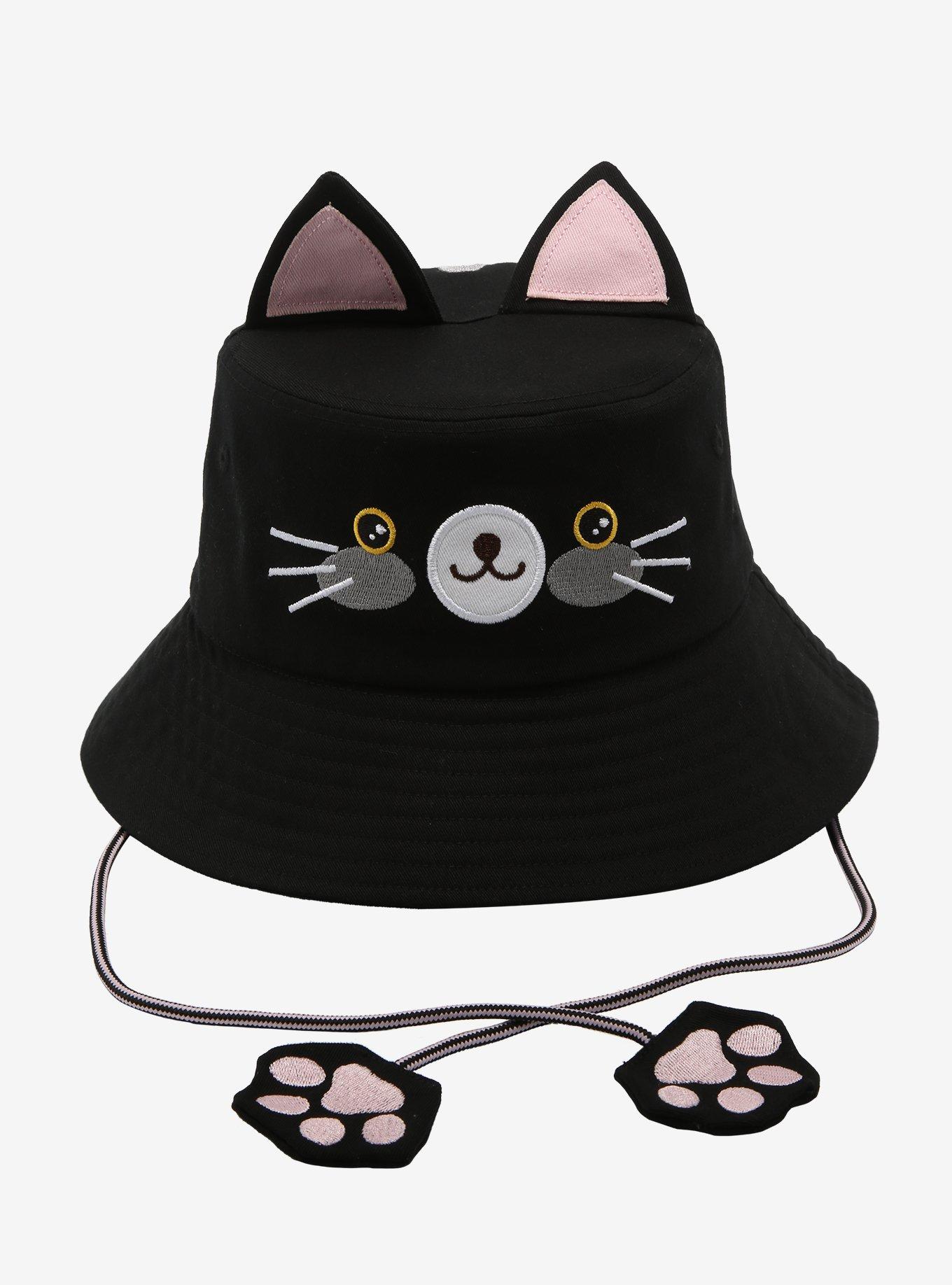 Adorable Face or Head of Cat Wearing Bucket Hat. Funny Cute