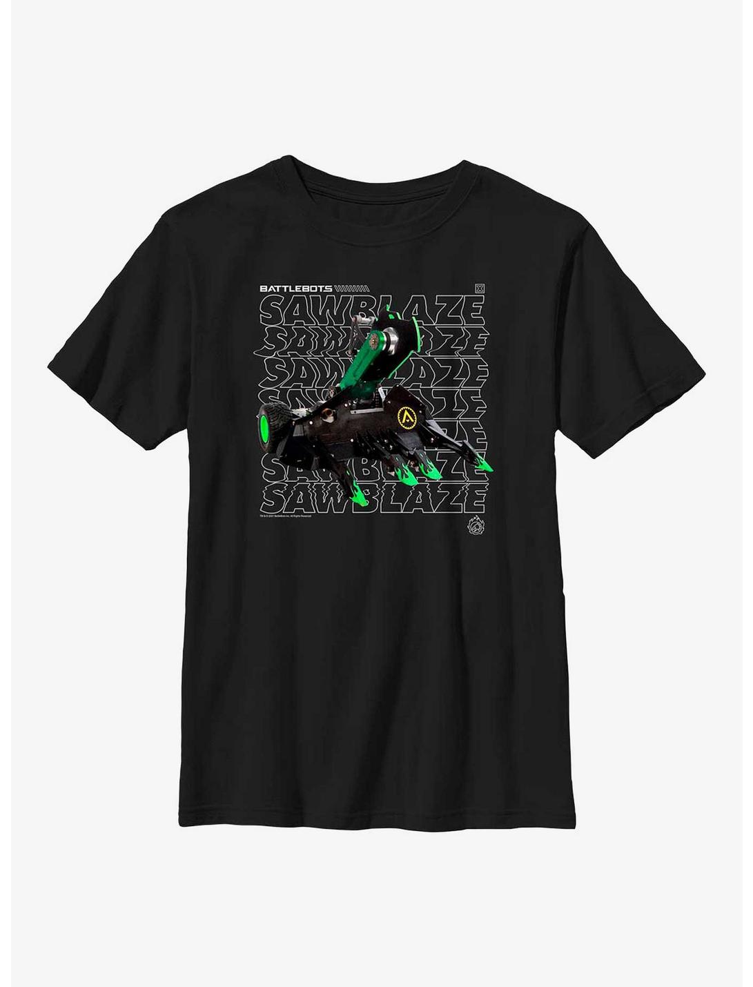 BattleBots Sawblaze Hero Stack Text Youth T-Shirt, BLACK, hi-res