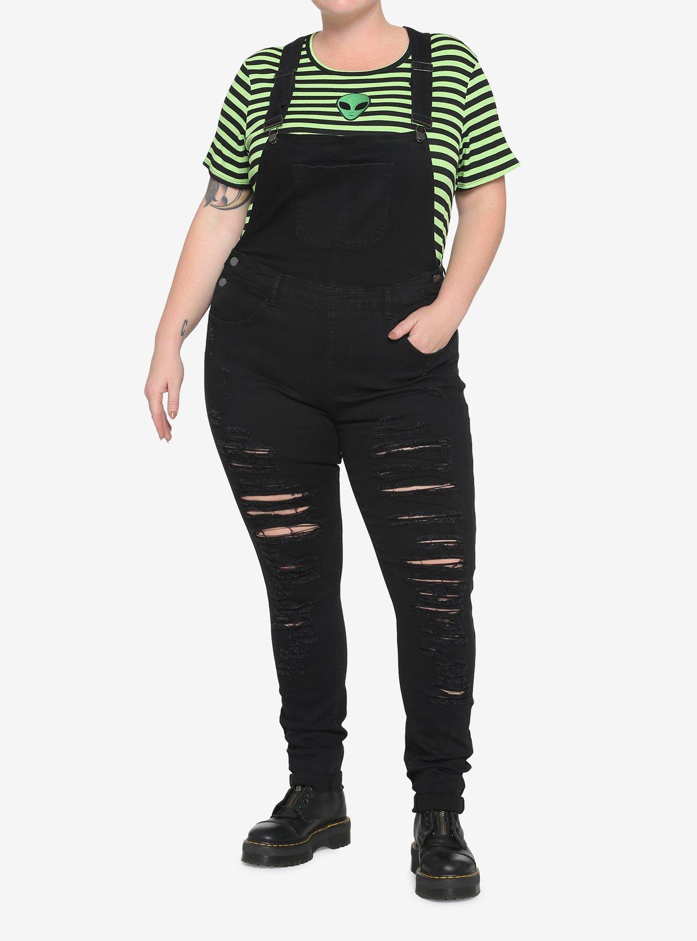 Black Destructed Girls Denim Overalls Plus Size, , hi-res