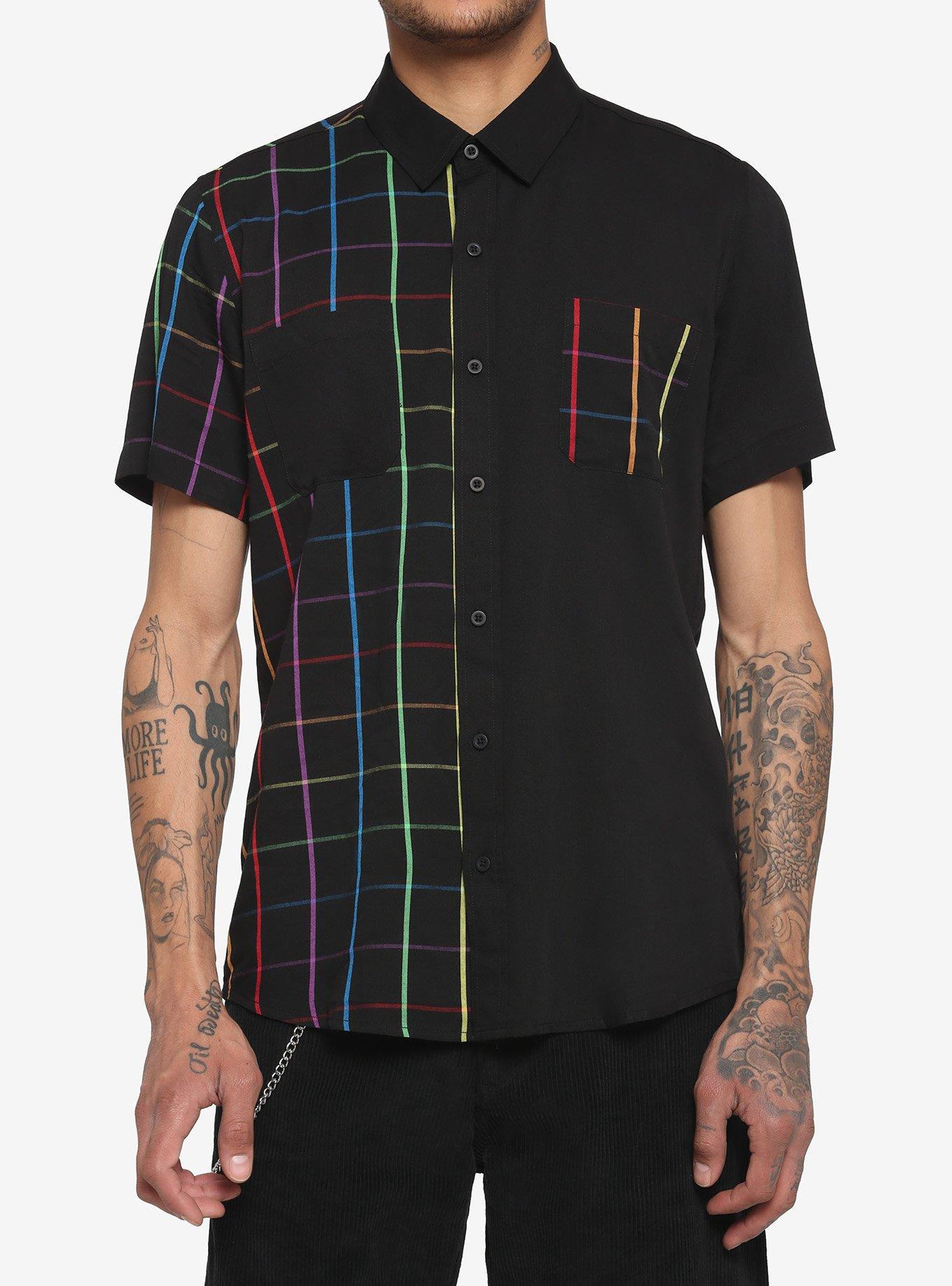 Rainbow Grid Split Woven Button-Up | Hot Topic