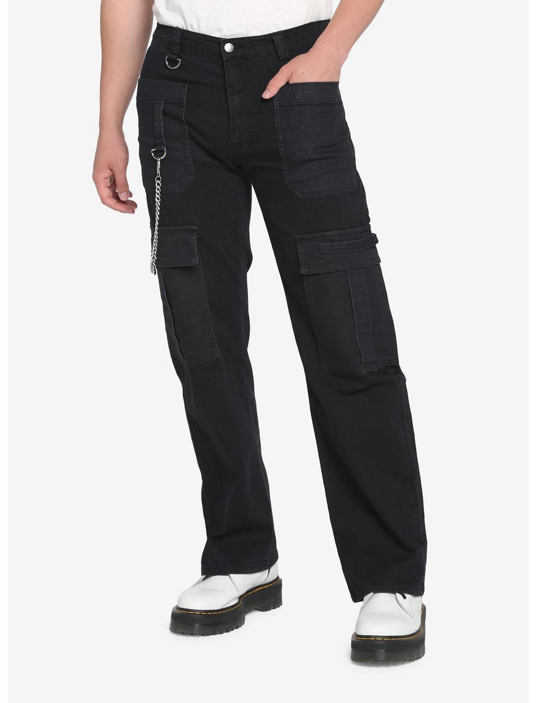 Black Side Chain Carpenter Pants, BLACK, hi-res