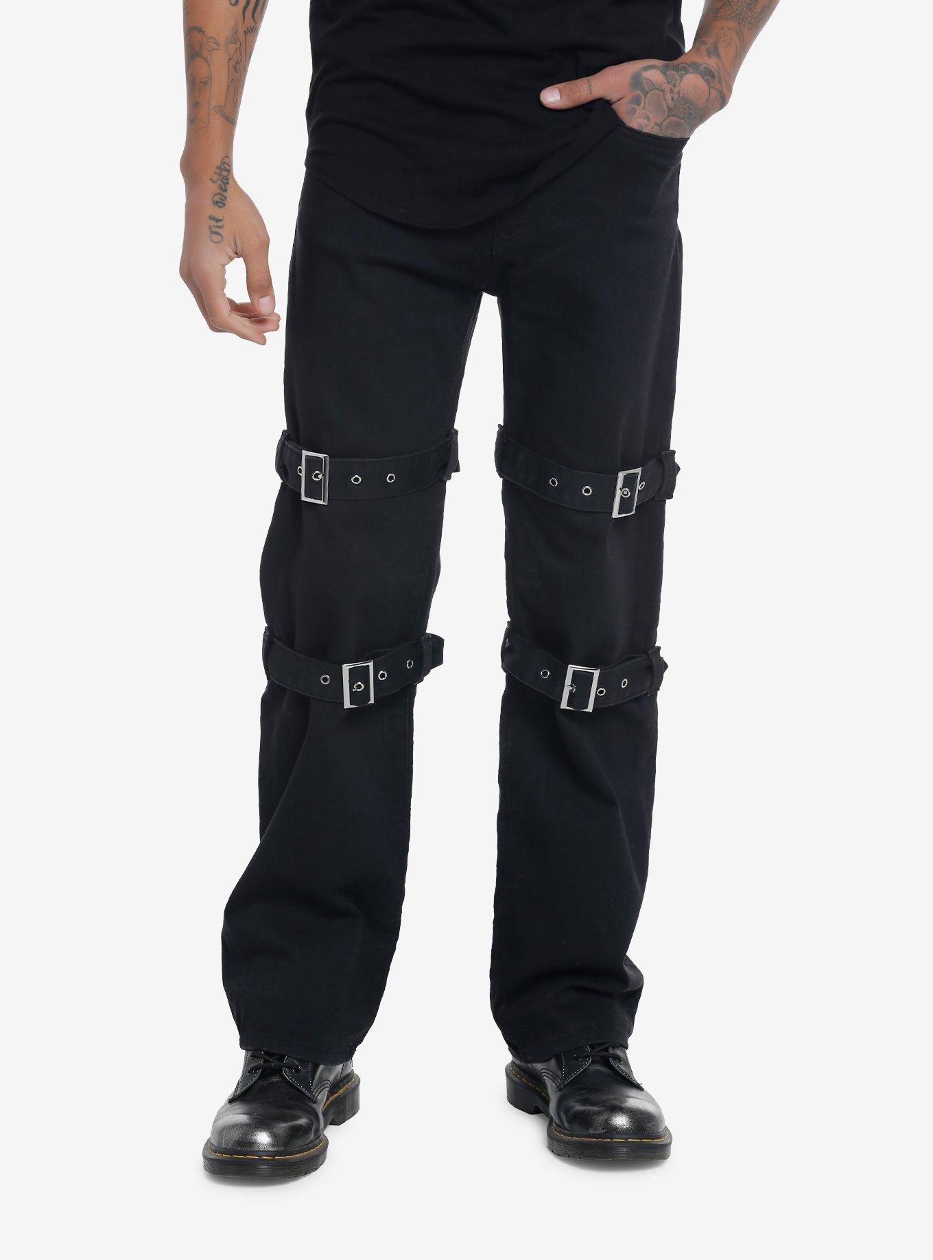 Black Denim Wide Leg Pants With Grommet Belts