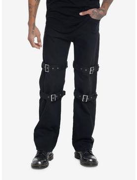 Black Denim Wide Leg Pants With Grommet Belts, , hi-res