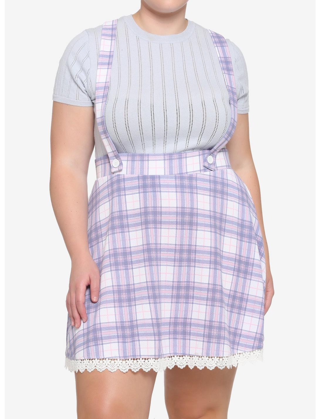 Pink & Purple Plaid Lace Suspender Skirt Plus Size, PLAID - BLUE, hi-res