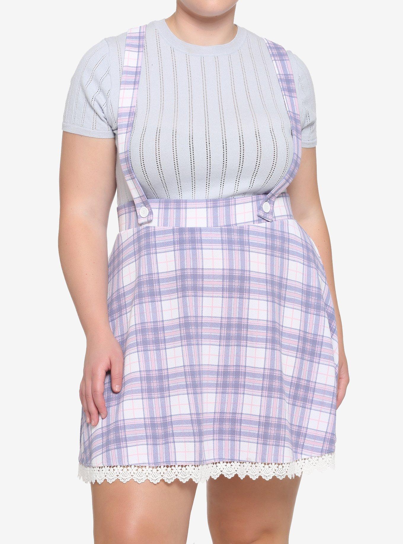 Pink & Purple Plaid Lace Suspender Skirt Plus Size, PLAID - BLUE, hi-res