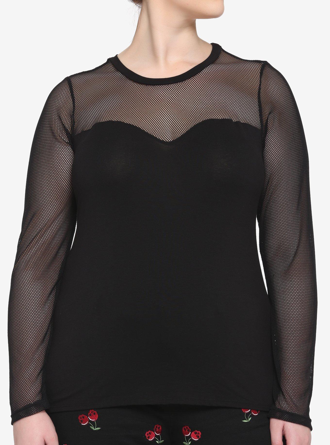 Black Mesh Sweetheart Neckline Girls Long-Sleeve Top Plus Size, BLACK, hi-res