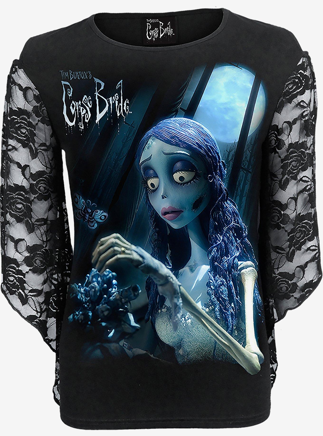 Corpse Bride Glow In The Dark Lace Sleeve Top, BLACK, hi-res