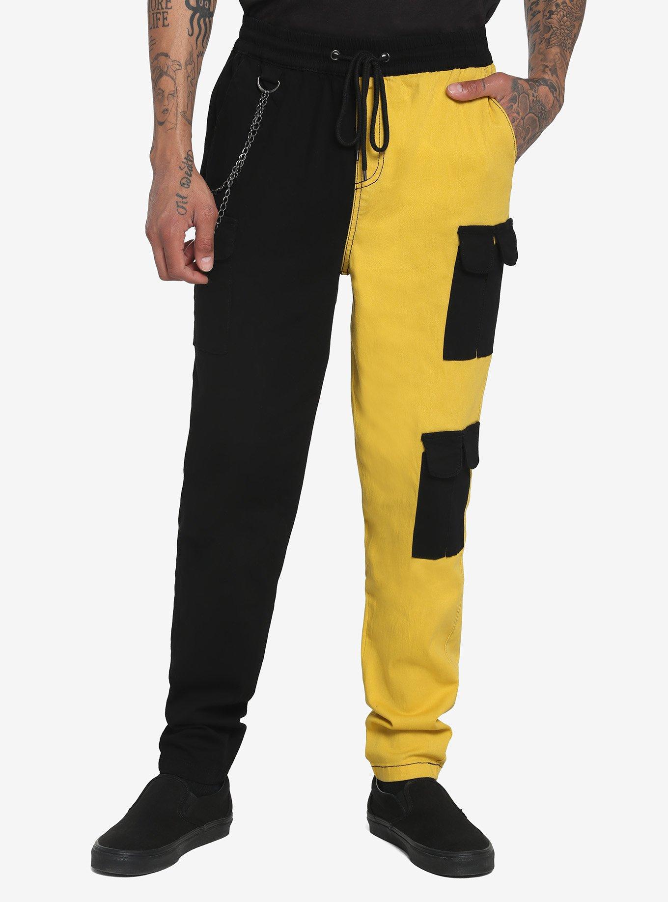 Black & Yellow Split Jogger Pants, BLACK  RED, hi-res