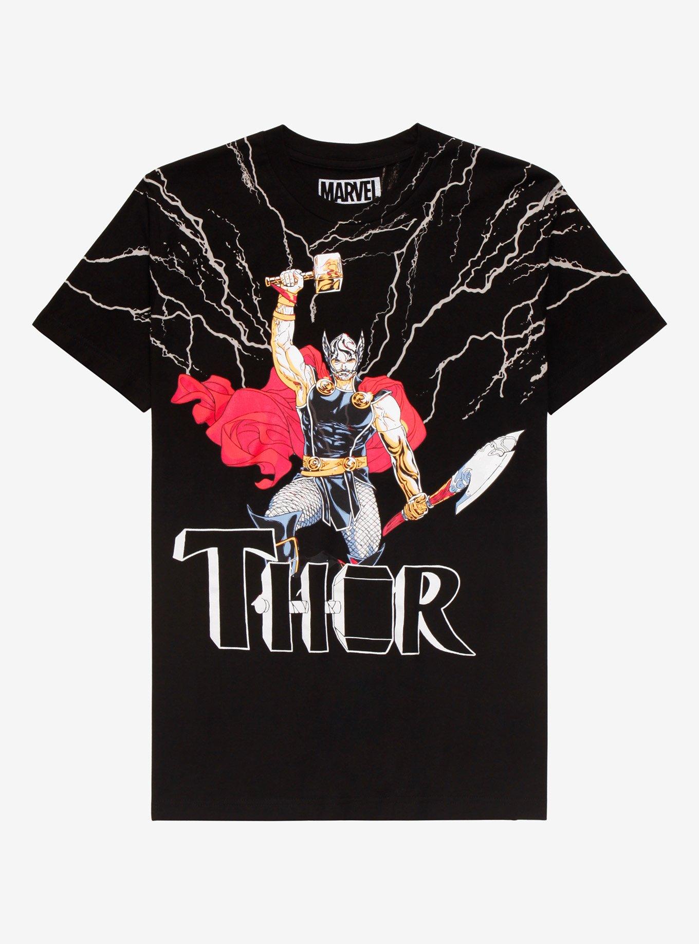 Marvel Thor Mj&ouml;lnir & Lightning Retro T-Shirt - BoxLunch Exclusive, BLACK, hi-res