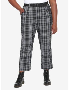 Black & Gray Plaid Pants With Belt Plus Size, , hi-res