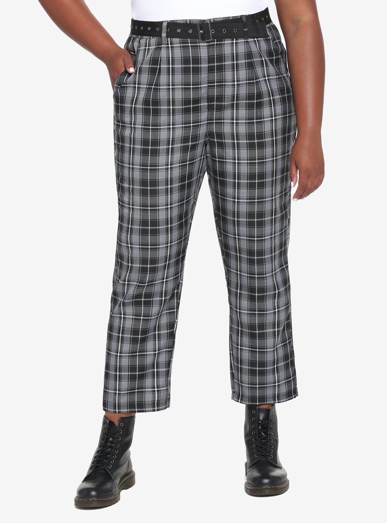 Black & Gray Plaid Pants With Belt Plus Size, BLACK  WHITE, hi-res