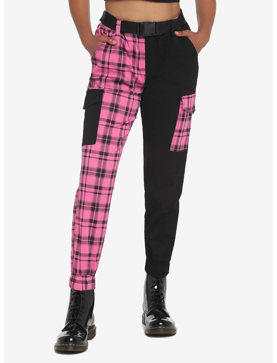 Pink Plaid Split Jogger Pants, PINK, hi-res