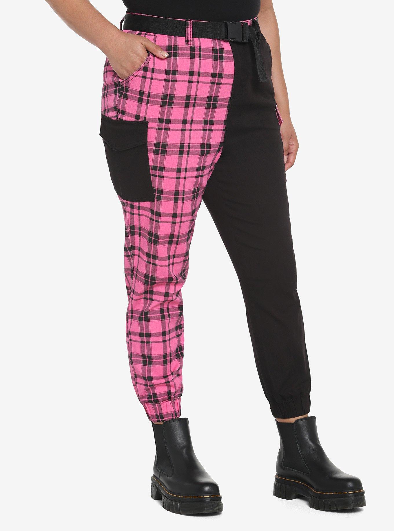 Pink Plaid Split Jogger Pants Plus Size, , hi-res