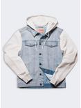 Medium Wash Knit Sleeve Denim Jacket, BLUE, hi-res