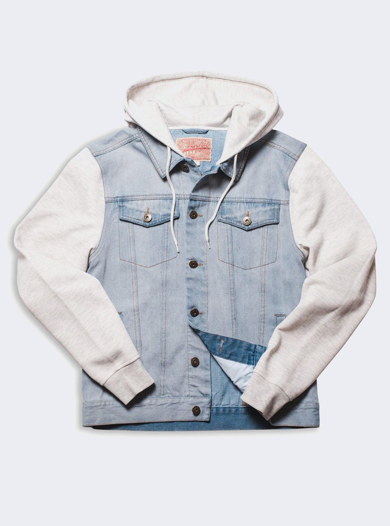 Denim jacket with knit sleeves best sale and hood