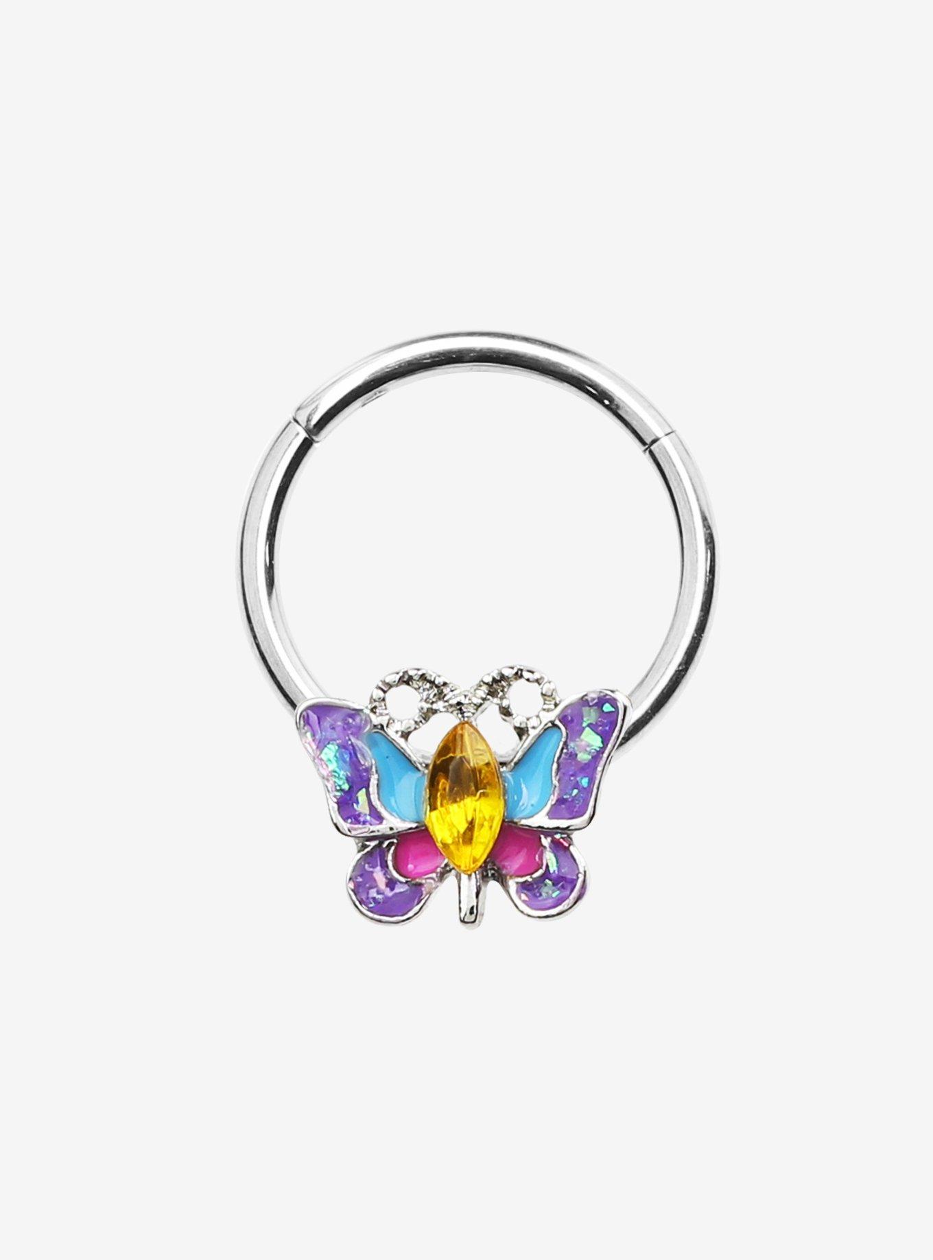 16G Steel Silver Colorful Butterfly Hinged Clicker, , hi-res