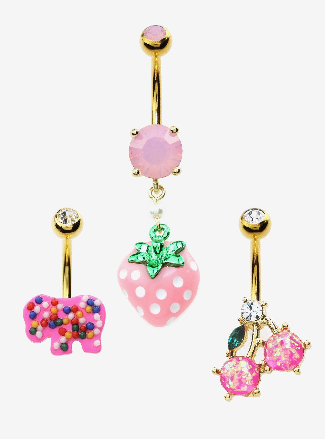 14G Steel Strawberry Animal Cookie Navel Barbell 3 Pack, , hi-res