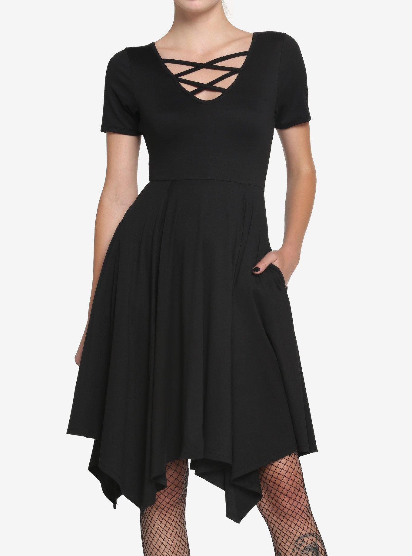 Black Strappy Neckline Dress, BLACK, hi-res