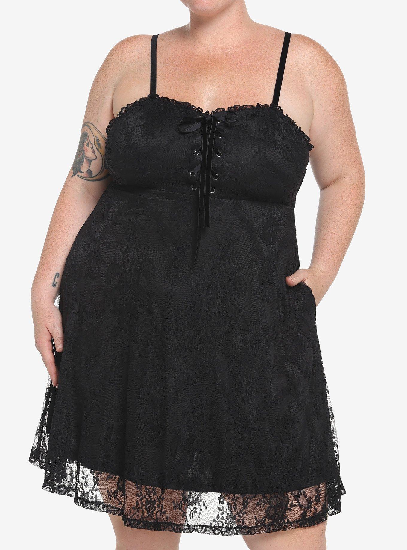 Black Lace-Up Dress Plus Size, BLACK, hi-res