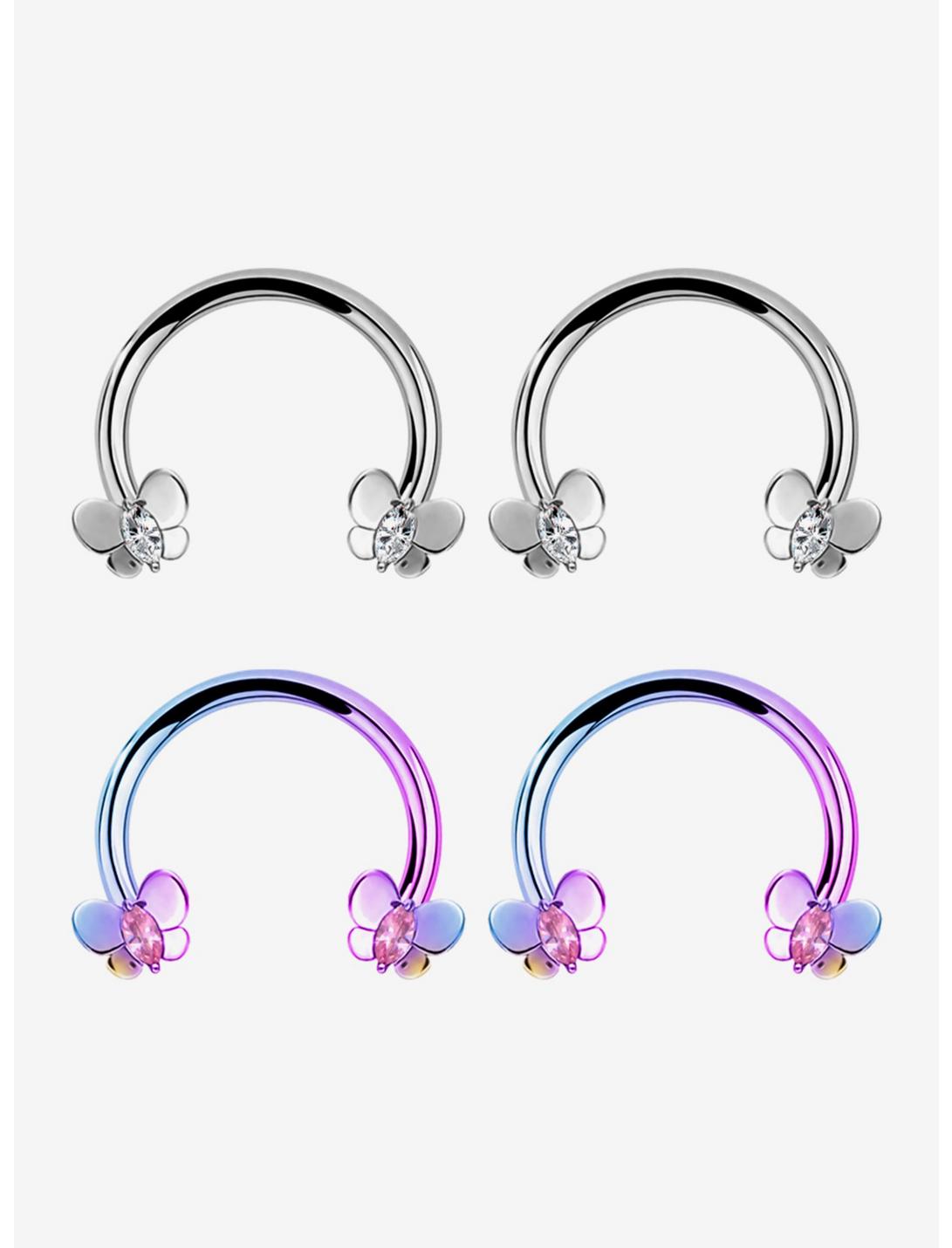 Steel Silver & Multicolored Crystal Butterfly Circular Barbell 4 Pack, MULTI, hi-res