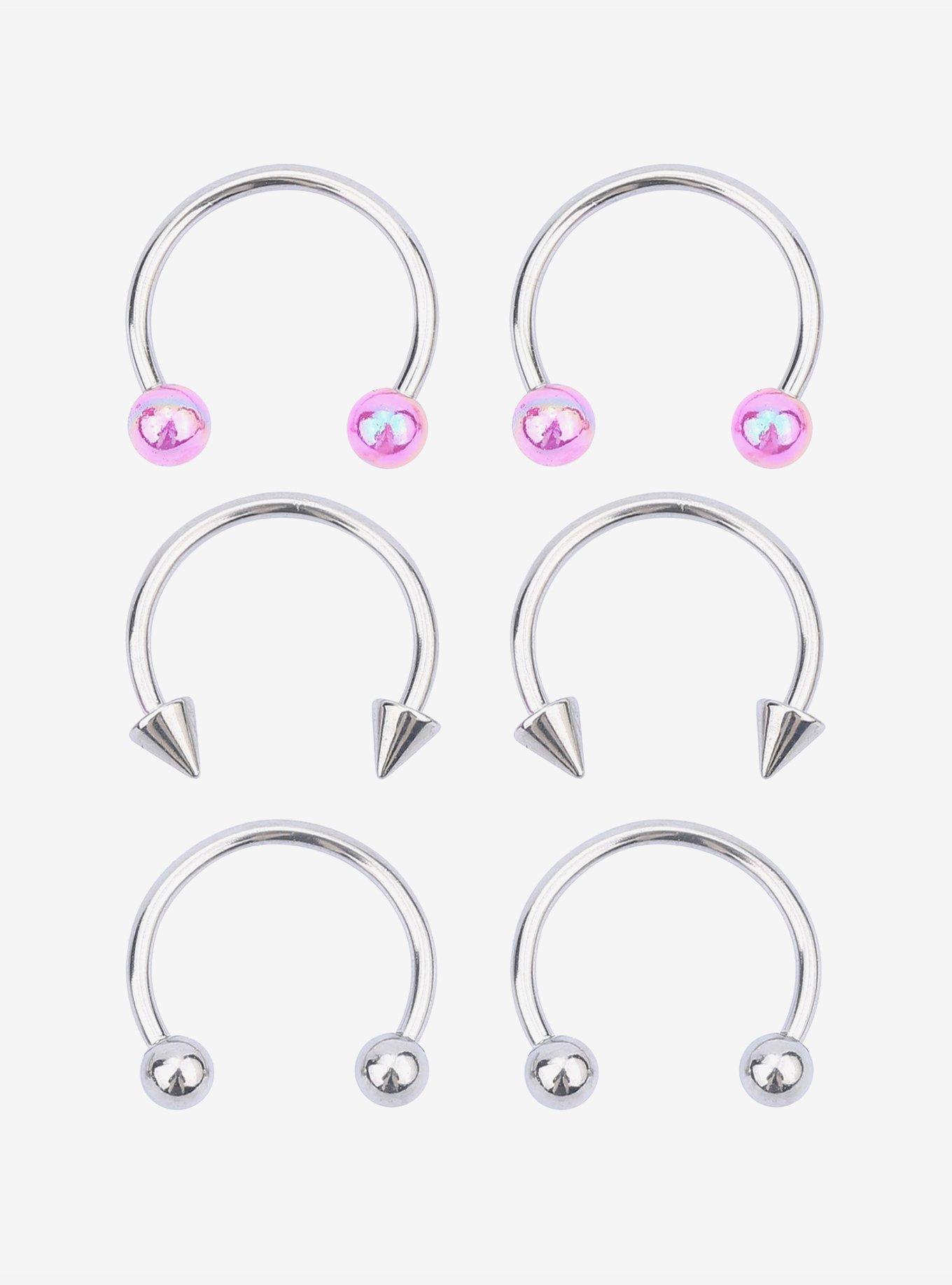 Steel Silver Ball & Spike Circular Barbell 6 Pack, SILVER, hi-res