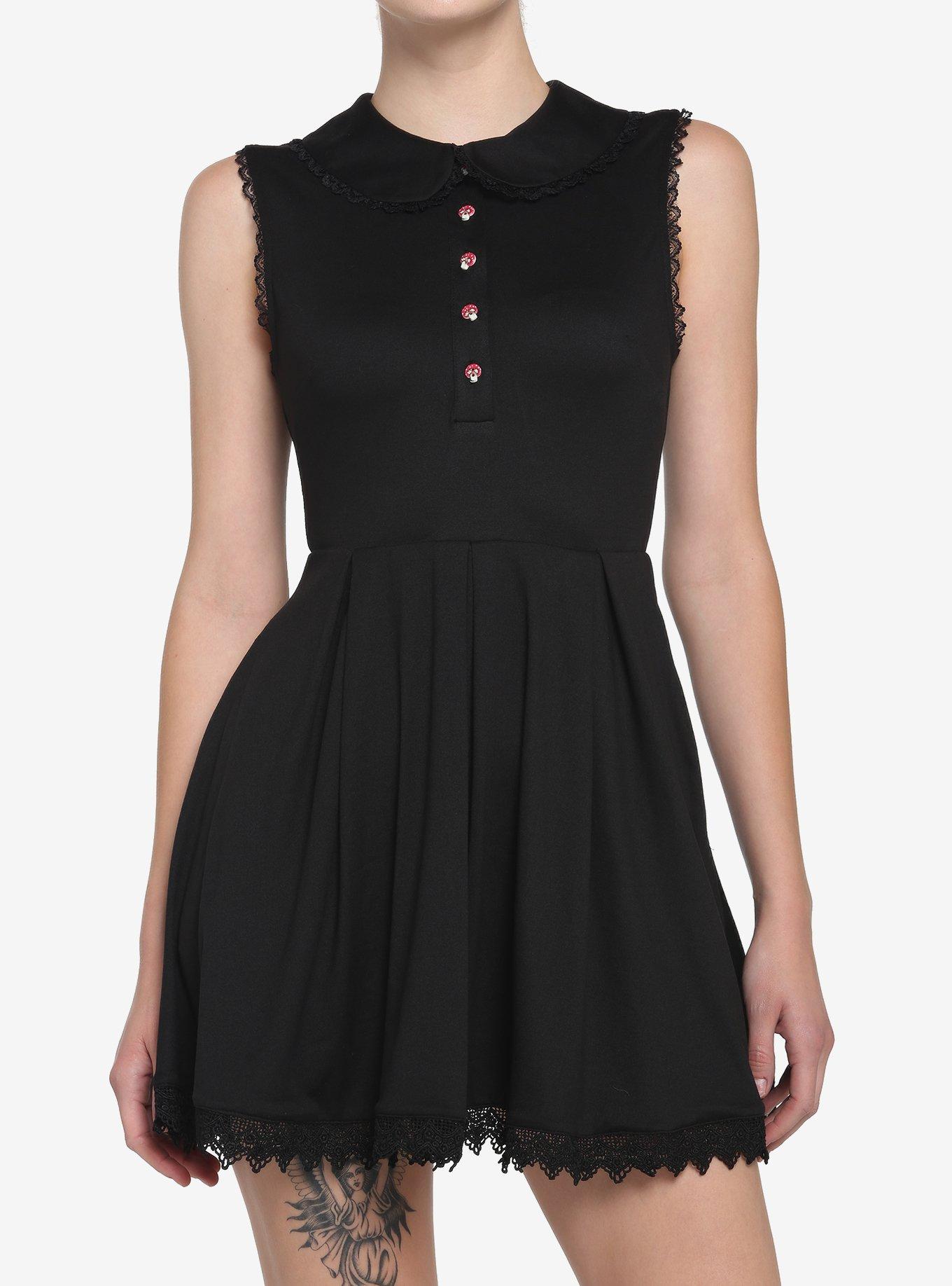 Mushroom Button Collared Dress, BLACK, hi-res