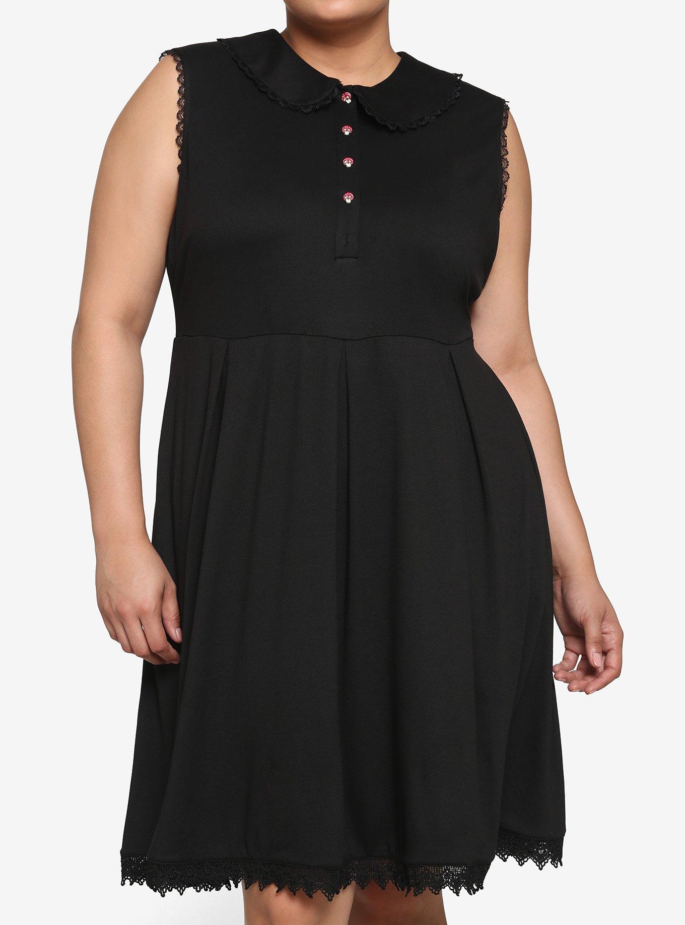 Mushroom Button Collared Dress Plus Size, BLACK, hi-res